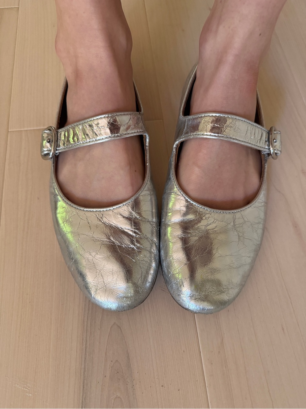 Sandro real leather Metallic Silver Mary Jane Flats with Buckle Strap minimalist
